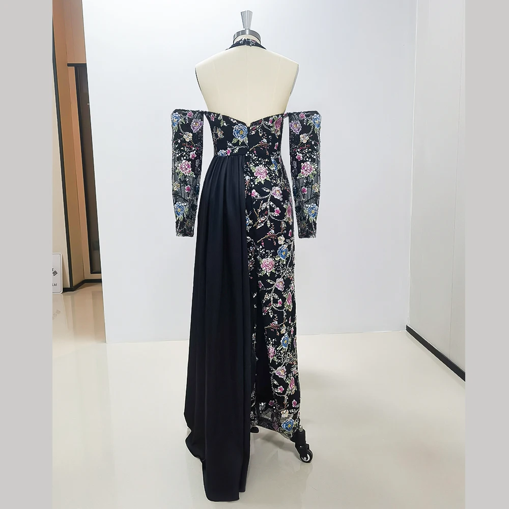 Fashion Women's Muslim Evening Dress with Sheath Halter Beads 3D Flower Dress Formal Banquet Dress 2024