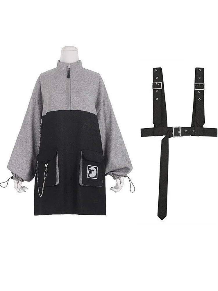 2023 Woman Dress Gothic Girls Y2K Vintage Clothes Strap Belt Chain Loose Casual Sweatshirt Dresses Sets Lolita Korean Robe Femme