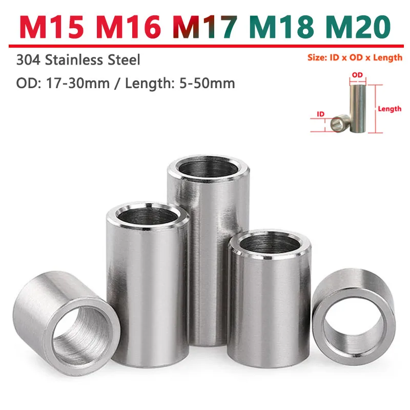 M15 M16 M17 M18 M20 304 Stainless Steel Bushing Washer Gasket Unthreaded Round Hollow Standoff Spacer Sleeve OD 17-30mm