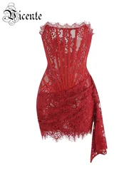 VC Christmas Dress For Women Red Lace Sexy Strapless Sleeveless Slim Supper Short Dress With Lace-Up