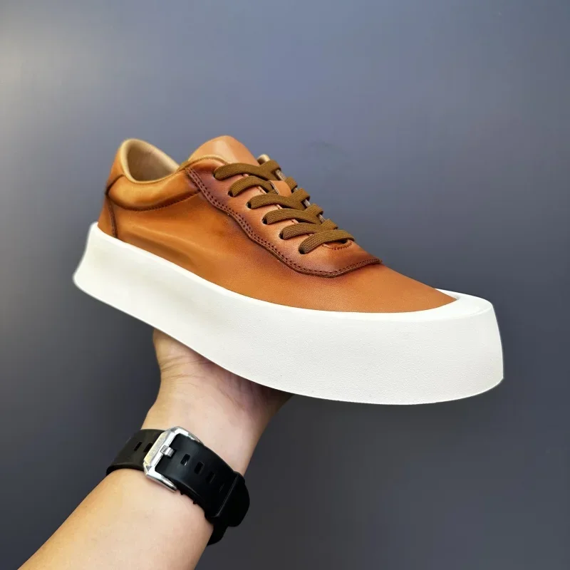 

2025 Spring New Men's Casual Shoes Genuine Leather Thick Sole Lacing Retro Flat Shoes