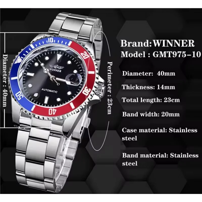 WINNER 002 Reloj mecánico automático informal para hombre, reloj de pulsera luminoso resistente al agua con correa de acero inoxidable, relojes con calendario para hombre