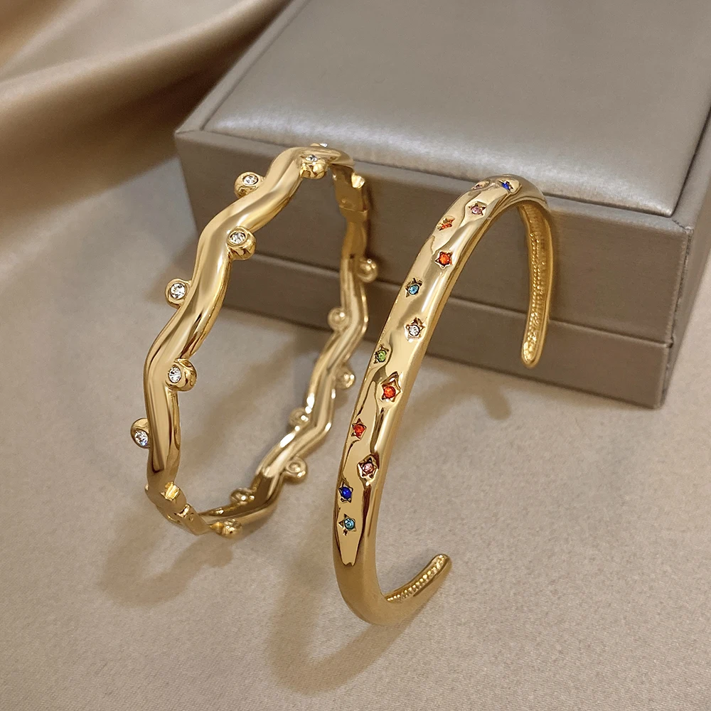 Greatera السماء المرصعة بالنجوم الملونة مكعب الزركون شغل مطعمة الكفة سوار للنساء سحر الذهب اللون ضوء مجوهرات شخصية فاخرة #5