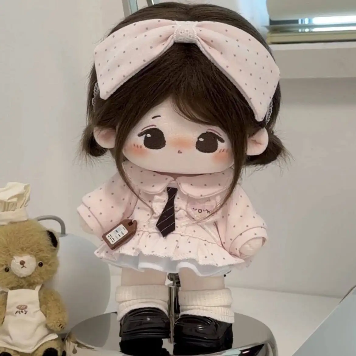 Cotton Doll Clothes 20Cm 1990s Style Polka Dot Bow Tie Set Cute Pink Outfit For Cotton Doll Accessories For Toy Lovers