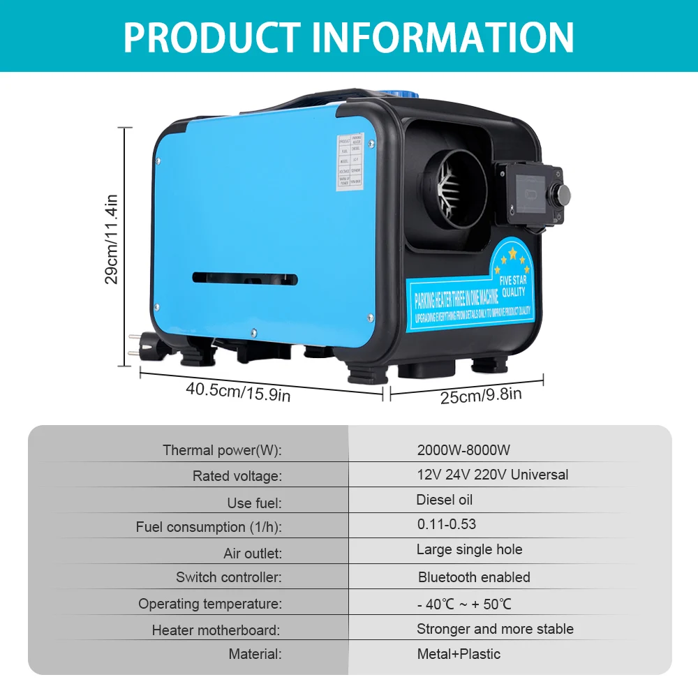차량용 블루투스 공기 디젤 히터, RV 트럭 보트 휴대용 난방기, 차량 공기 히터 워머 키트, 3 in 1, 12V, 24V, 220V