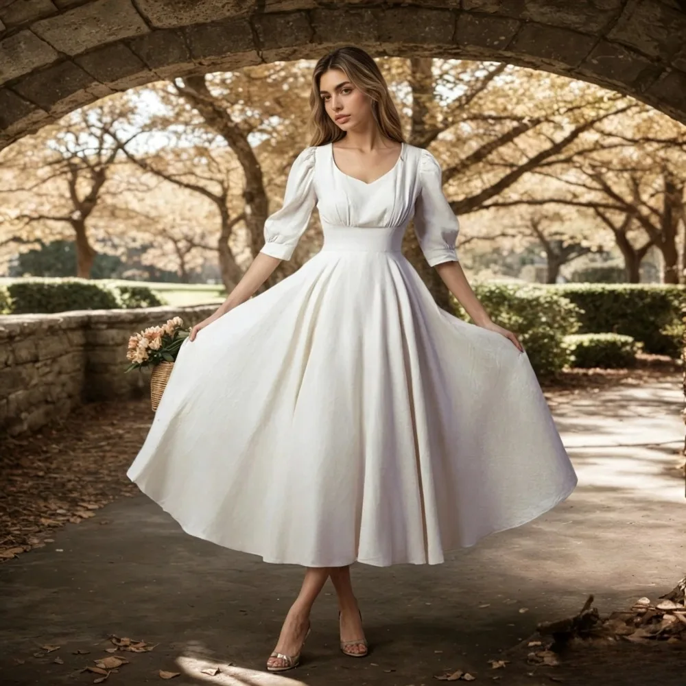 Customized 2026 Satin Bubble Sleeve Short Wedding Dress with Retro Square Neckline and Elegant A-line Waist Cinching Bridal Gown