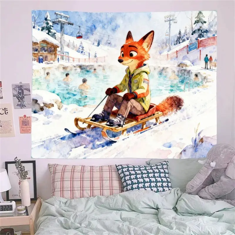 1개 귀여운 만화 여우 썰매 겨울 온천 태피스트리, 모던 수채화 폴리에스터 벽 장식 거실 침실 기숙사 장식용