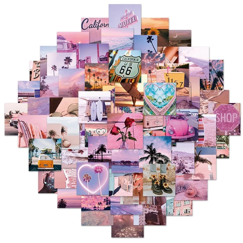 62Pcs INS Style Pink Landscape Stickers Aesthetic California Sunshine Decals For Luggage Laptop Skateboard Sticker Kids Toys