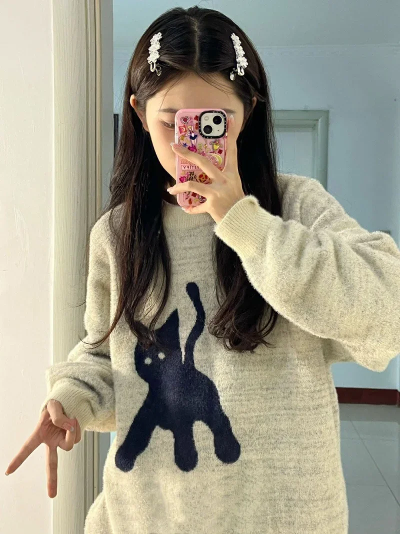 Cats Pullovers Women Loose Harajuku Elegant Sweet Cute Long Sleeve Sweaters Streetwear Pull Femme Ropa Mujer Clothing Knitted