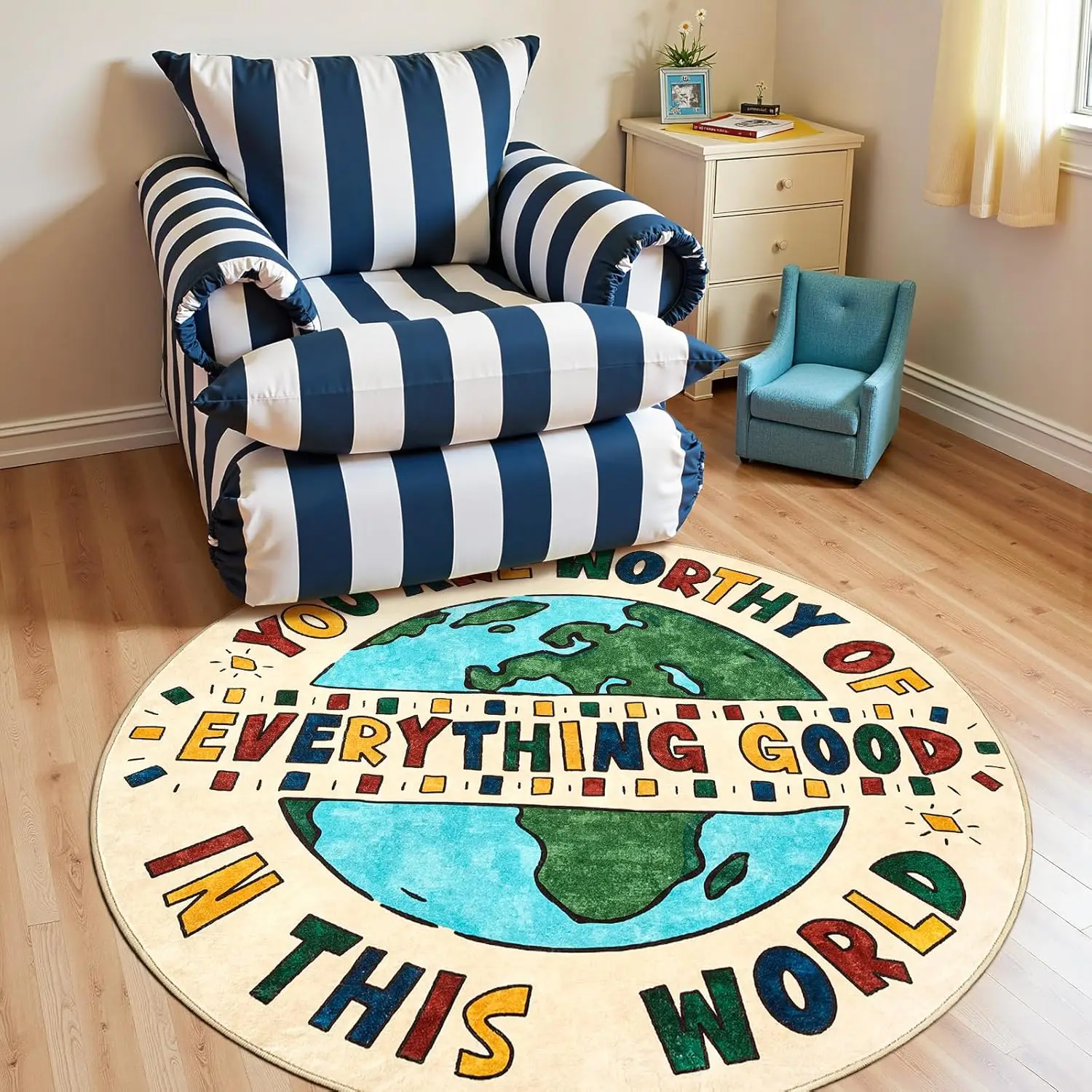 

Inspirational Earth Globe Round Rug You Are Worthy of Everything Good for Kids Room