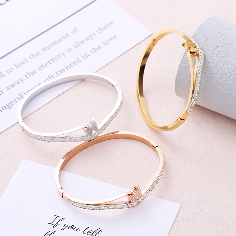 New Fashionable Women's Bracelet Embedded Rhinestones Matte Butterfly Open Oval Stainless Steel Suitable for Graduation Season