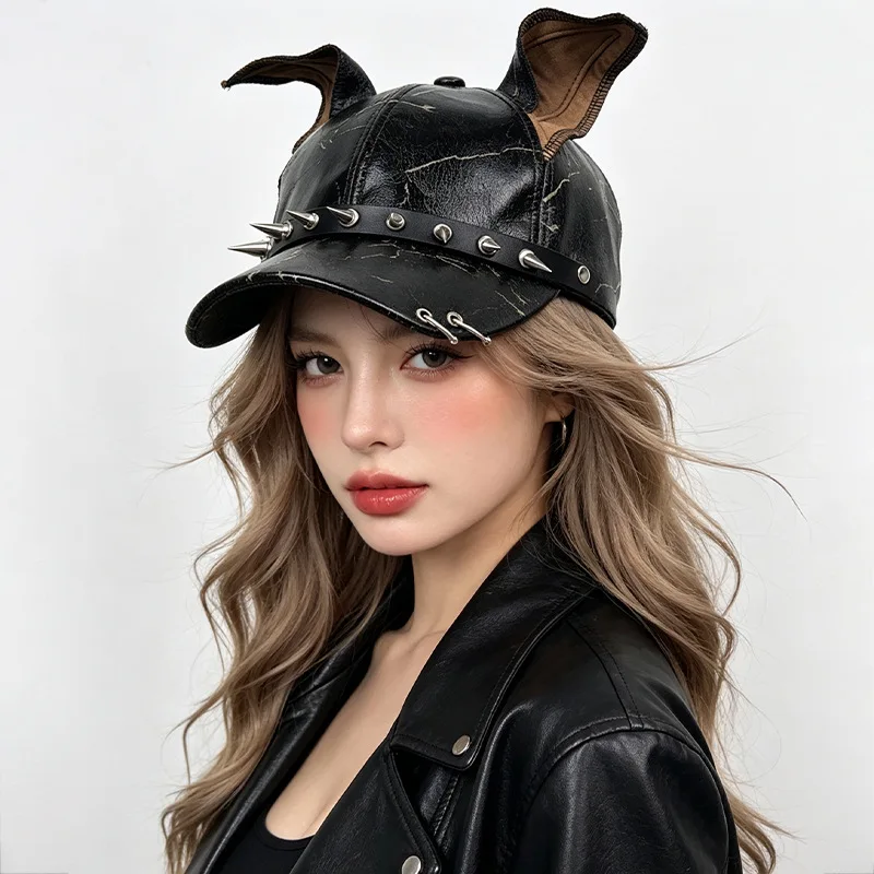 Punk Baseball Cap PU Leather Spike Rivet Decor Dog Ear Hat Men Women Gothic Streetwear Snapback Cap Halloween Cosplay Party Cap