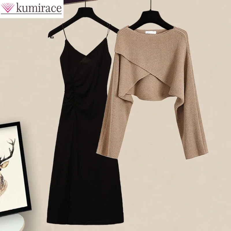 Korean Popular Autumn New Cross Knitted Sweater Black Sling Mini Dress Two Piece Elegant Women's Skirt Set Female Outfit