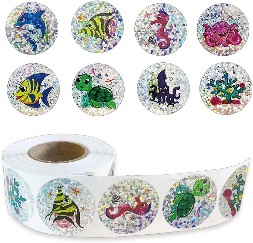 500Pcs Round Sea Animals Stickers 1in Glitter Self-Adhesive Decorative Ocean Life Label For Birthday Party Favors Teacher Reward