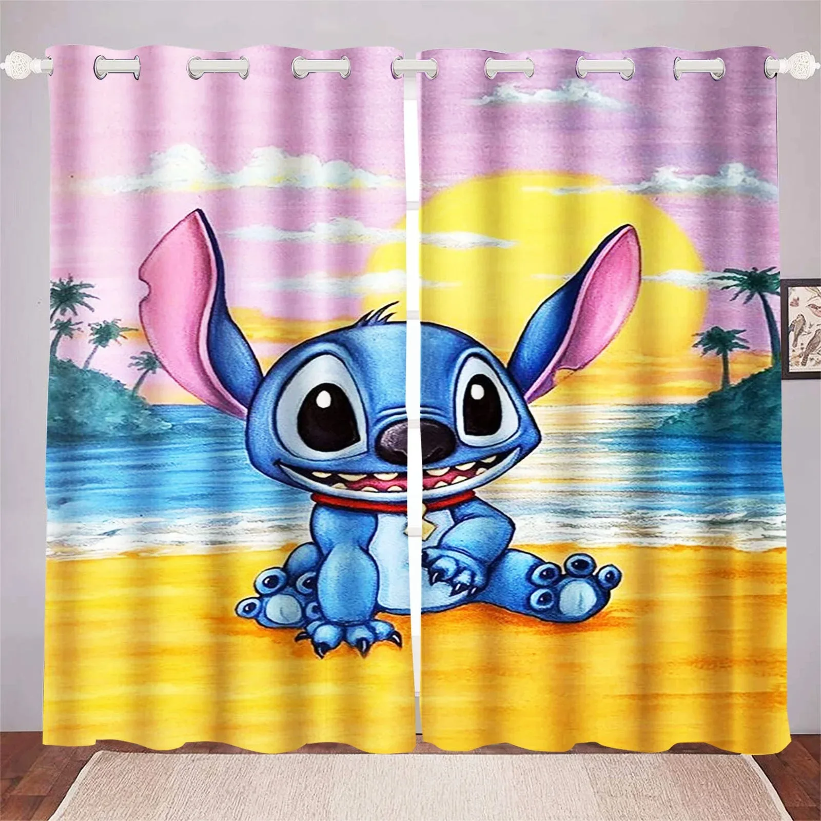 

Disney Stitch anime living room curtains perforated high blackout bedroom curtains decoration, balcony screen, dustproof.