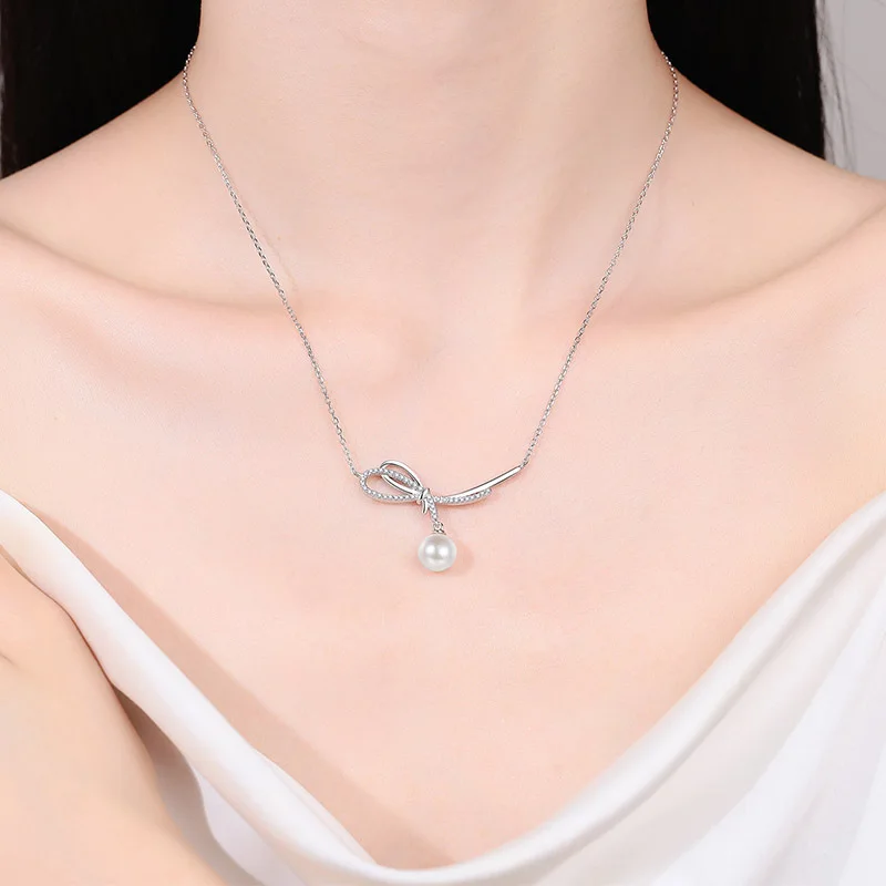 

S925 Pure Silver Freshwater Pearl Necklace Accessory Asymmetric Collarbone Chain