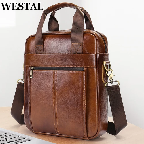 WESTAL-Bolso de hombro de piel auténtica para hombre, bandolera para ordenador portátil de 13,3 pulgadas, 8577