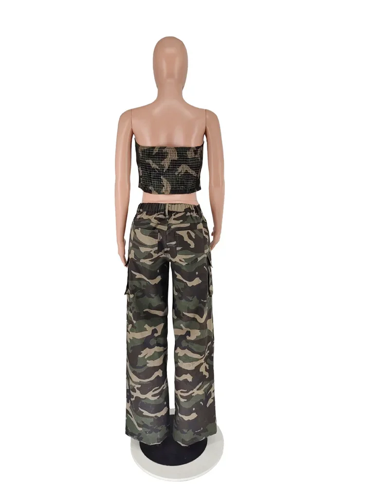 Wmstar damski dwuczęściowy zestaw Off Shoulder kamuflaż krótki Top spodnie z szerokimi nogawkami zestawy pasujące stroje dres do biegania Dropshipping