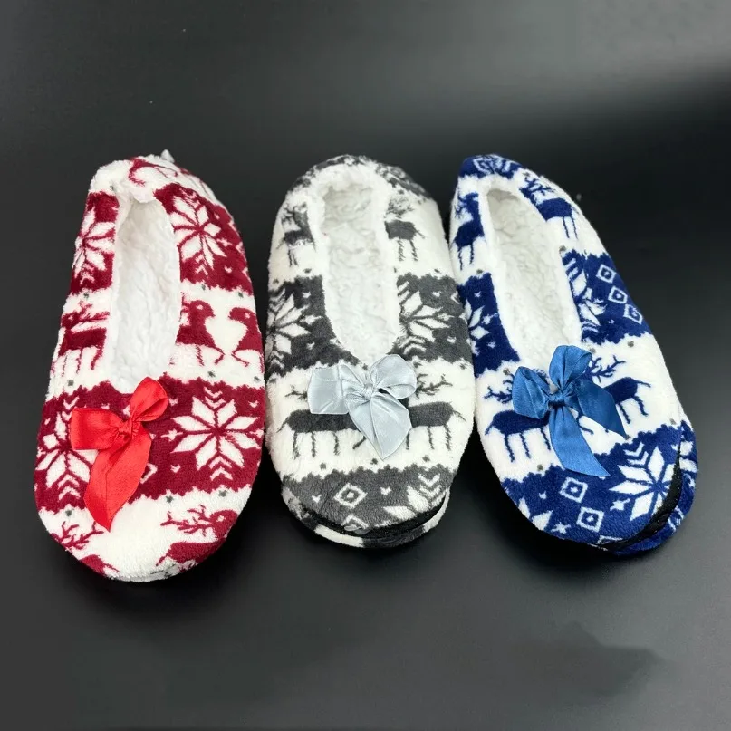 Winter Warm Slipper Women Bow Knot Snowflake Fur Skid Grip Cute Funny Indoor Home House Fluffy Shoe Female Floor Christmas