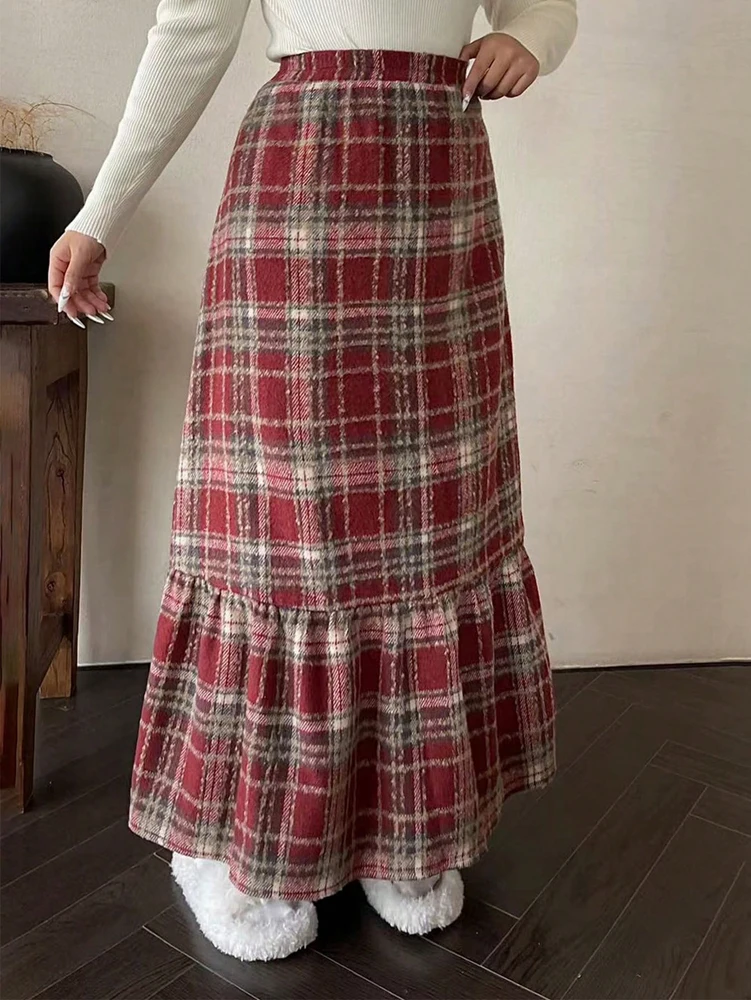 تنورة تنحيف على شكل حرف A عالية الخصر منقوشة باللون الأحمر مقاس كبير لملابس السنة الجديدة، لملابس نسائية شتوية ماكسي تويد #4