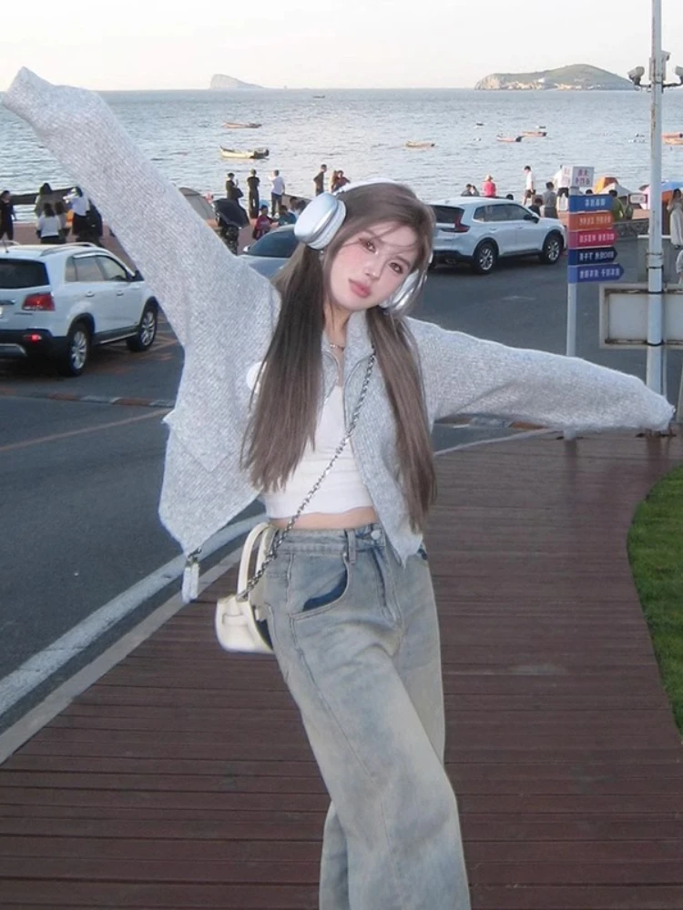 

Women's Grey Zipper High Neck Knit Cardigan Spring Autumn Winter Petite Loose Fit Short Sweatshirts Casual Outerwear Tops