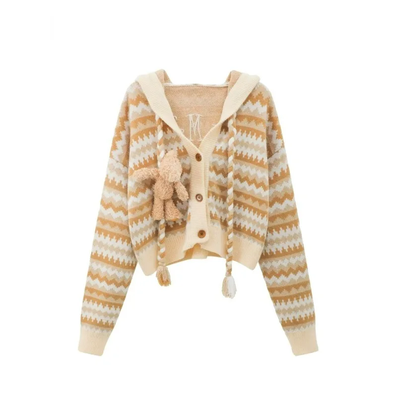 Women's Loose Retro Hooded Short Sweater Jacket, Fashionable Brown Card Retro 3D Teddy Bear Knitted Cardigan