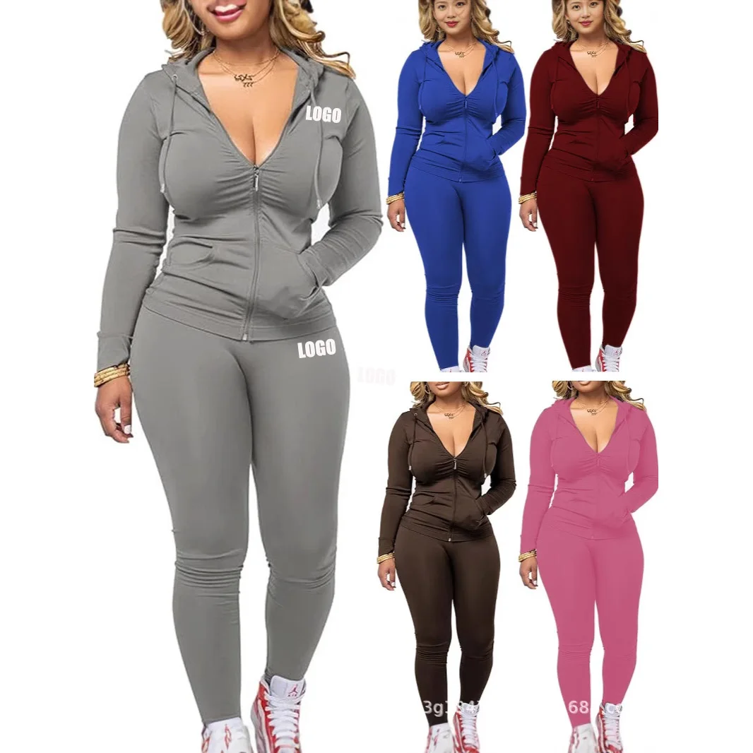 Customized LOGO women's casual sexy long-sleeved zipper hooded two-piece sports suit