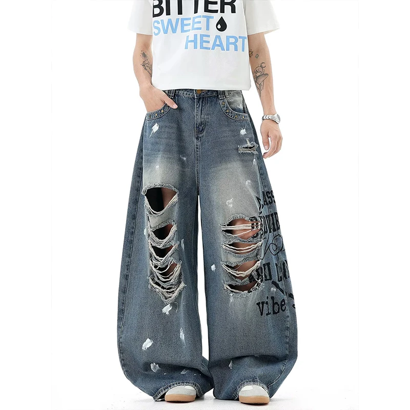 

American Hot Girl Letter Print Loose Fit High Waist Denim Jeans Man's Summer High Street Torn Casual Straight Leg Pants