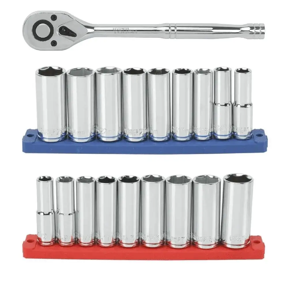 21-Piece Drive Ratchet Deep Socket Set Color-Coded Chrome Vanadium Steel SAE Metric 72-Tooth Reversible Pear Head Precision