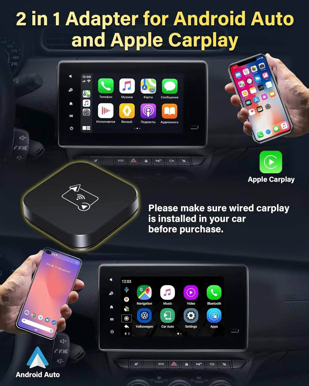 2-in-1 Wireless CarPlay Adapter Android Auto Wireless Adapter for Factory Wired CarPlay Dongle for Apple iPhone iOS 10+ Android