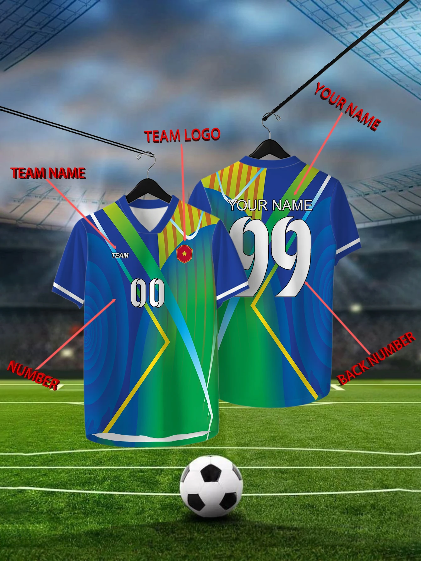 

CCustomized Geometric Blue Short Sleeved Shirt with Team Name, Emblem, Name and Number, Outdoor Sports Short Sleeved T-shirt