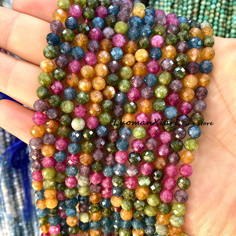 6MM Natural Gem Stone Faceted Tourmaline Chalcedony Loose Round Spacer Beads for Jewelry Making Diy Bracelets Charms Accessories