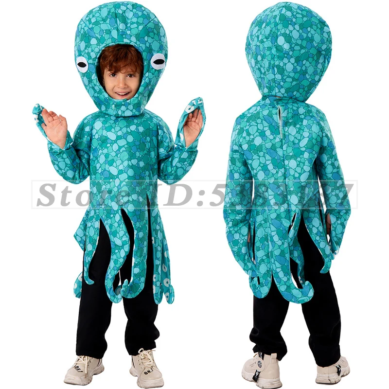 Halloween Child Octopus Cosplay Jumpsuit Christmas Perform Boys Girl Cute Blue Squid Role Play Costume Kids Hood Tunic Outfit