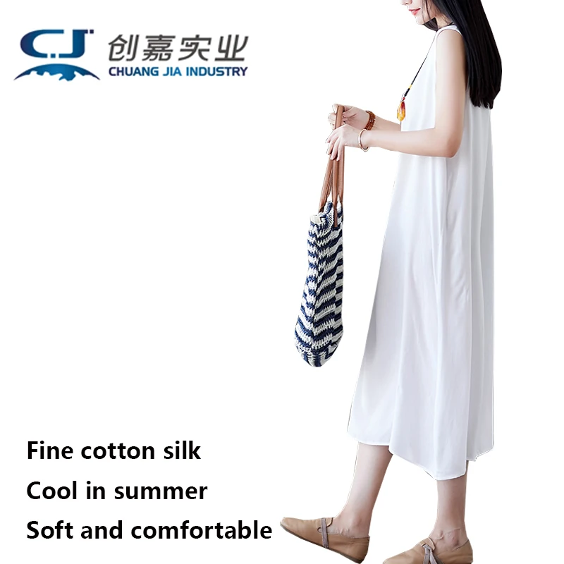 Vestido sin mangas de verano de seda de algodón para mujer, jersey negro con cuello redondo, vestido sin mangas, ropa sencilla para el hogar, camisón fresco