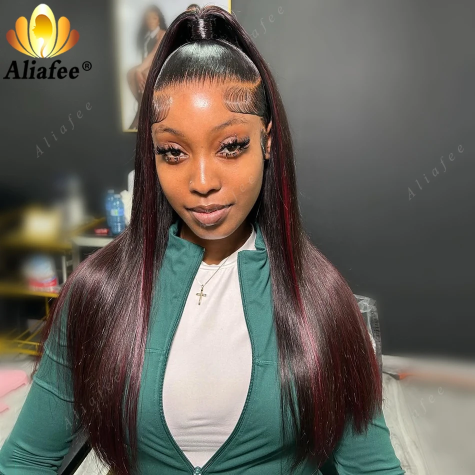 Drawstring 13x6 Transparent Lace Frontal Human Hair Wig Natural Black With 99 Burgundy Highlight Long Silky Straight Shiny Wig