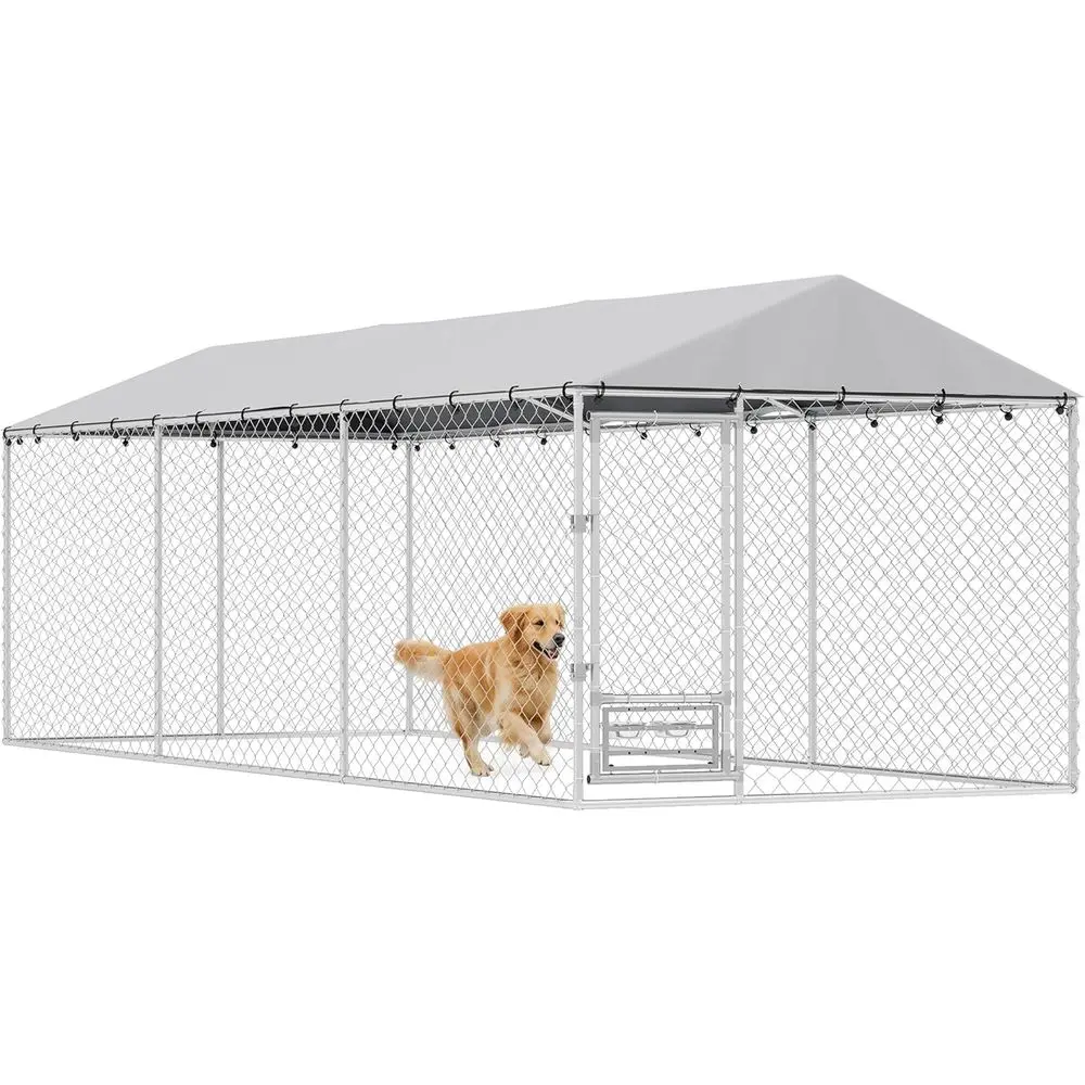 

20' x 7.5' x 6.5' Outdoor Dog Kennel with UV-Resistant Cover, Double Locks, Rotating Bowls for Large Pets and Fowl