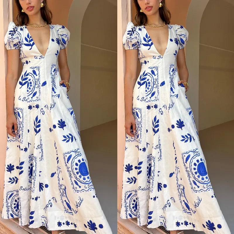 New Low Cut V-neck Fashionable Printed Bubble Sleeve Large Hem Cotton Linen Dress White Dress  Sexy Dress  Summer Dress