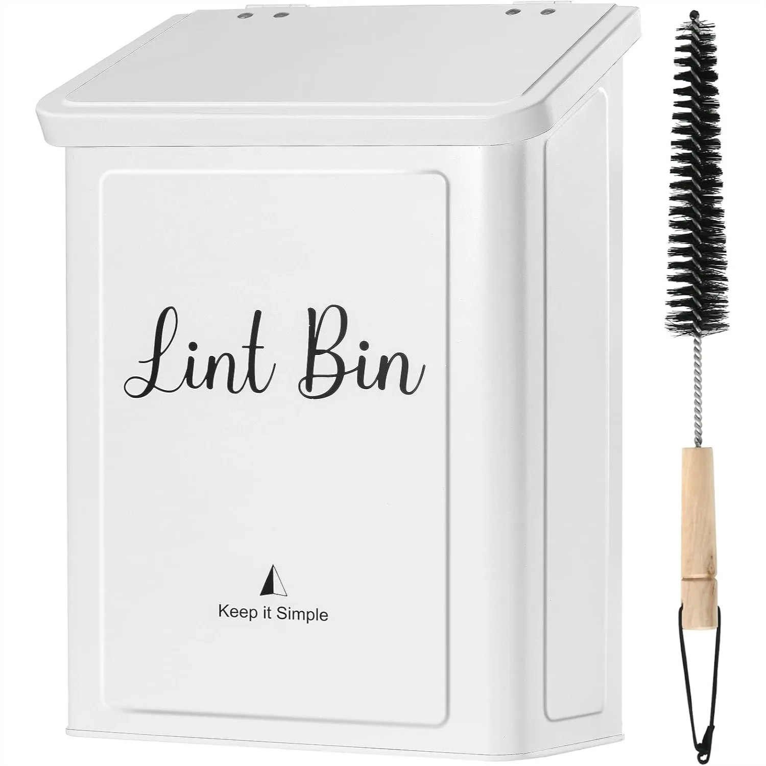 Magnetic Lint Bin for Laundry Room, Wall Mounted Metal Trash Can with Lid for Dryer, Lint Basket for Organization, White