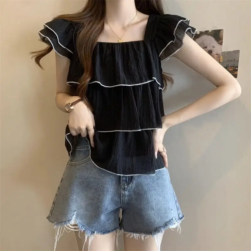 Ruffles Patchwork Sweet Shirt Tops Summer Thin Short Sleeve Youth Solid High Street Blouse Fashion Casual Trend Women Clothing