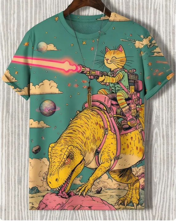 Hot Men's Cat And Dinosaur Fantasy Art T-Shirts 3D Printed Kid Anime Tee Men Women Short Sleeve O-Neck TShirt Harajuku Y2k Top