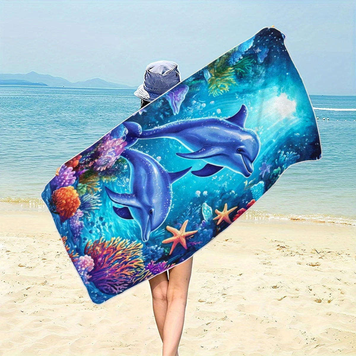 Custom Dolphin Beach Towel Personalized Coral Reef Ocean Life 160x80cm Microfiber Bath Towels All Season Soft Absorbent Blanket