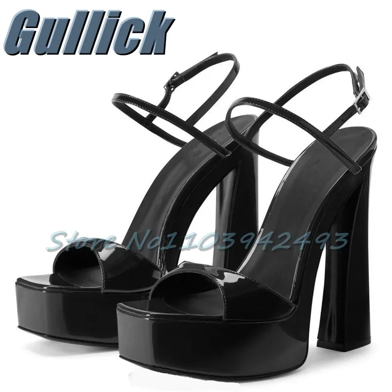 

Patent Leather Platform Heeled Sandals Solid Heels Chunky Heel One Strap Shoes Women Luxury Designer Sandalias De Mujer Black