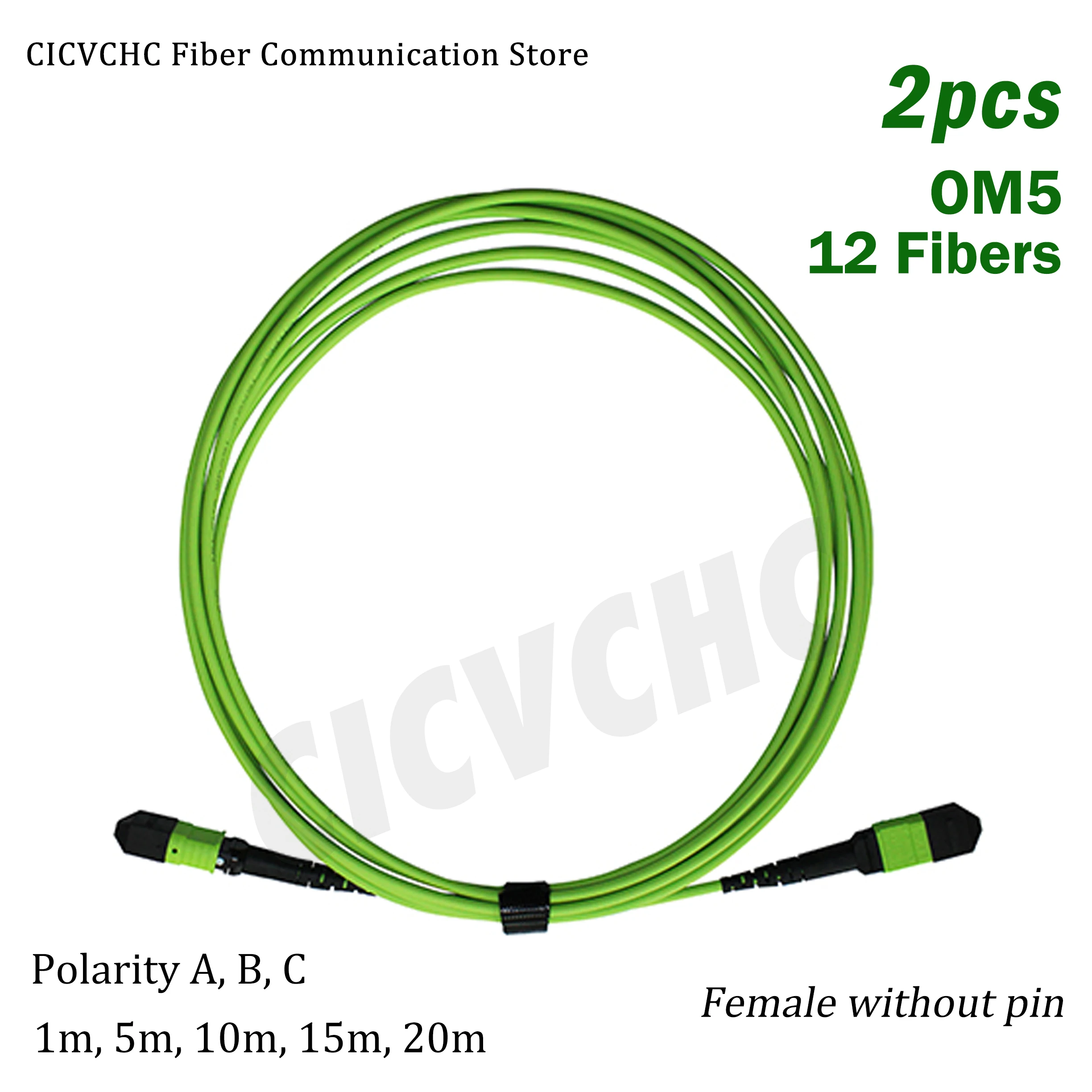 2pcs 12 Fibers MPO/UPC(Female)-MPO/UPC(Female)-Patchcord-Multimode OM5-Polarity A,B,C-3.0mm cable-1m to 30m