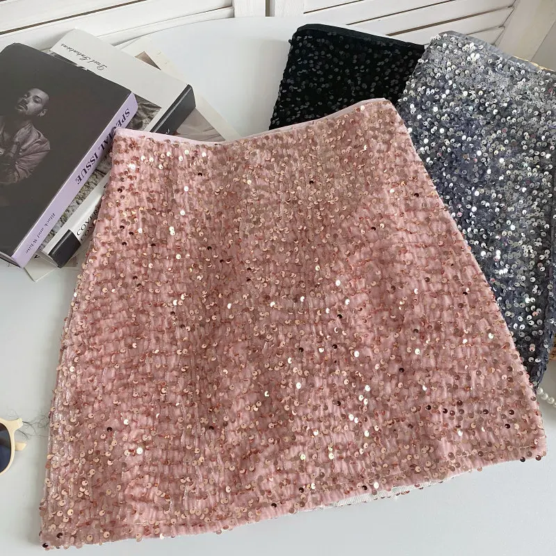 Women's Pink Sequins Skirt Vintage A-line Mini Skirt Harajuku Korean Style Y2k Nightclub Wrap Skirts 2000s Clothes Spring Summer