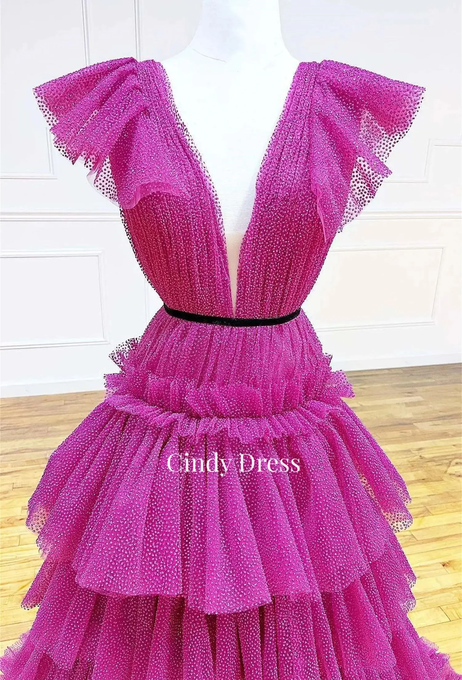 Cindy Fuchsia Shiny Layered V-Neck Sharon Happy Dress 2023 Gala Party Turkey Customs Products Women Evening Female Wedding Gown