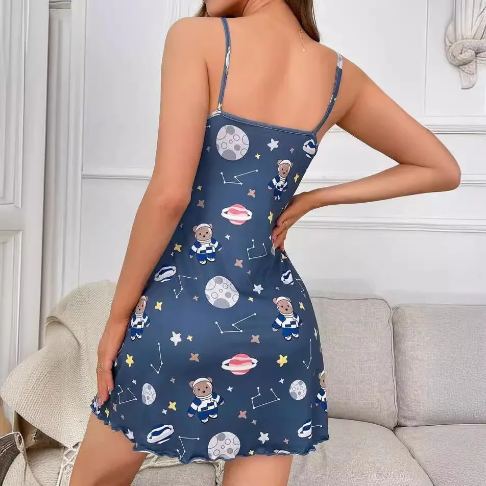 Cartoon Bear & Planet Print Summer Nightgown Casual  U-Neck Backless Frill Trim Slip Dress Women\'s Sleepwear