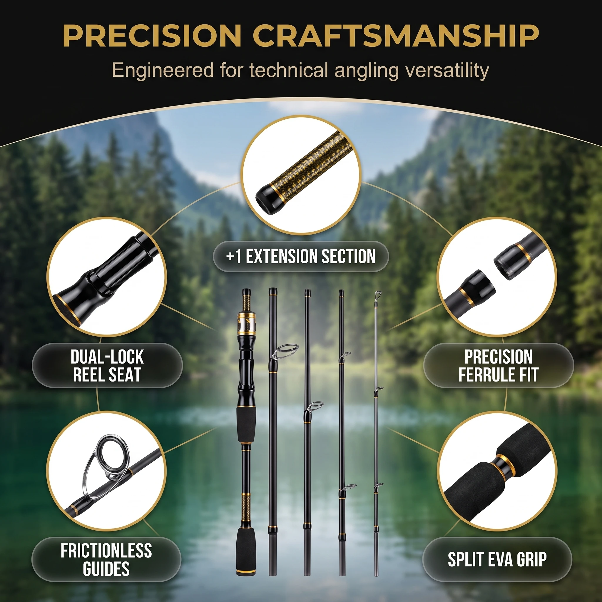 Goture 5+1 Sections Portable Spinning Fishing Rod 2-in-1 Changeable 8FT/9FT Carbon BlankTravel Lure Rod for Stream Lake Fishing