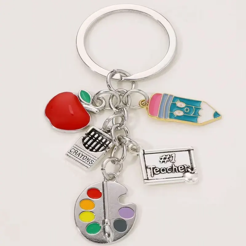 Oil-Drip Pencil Silvery Red Apple Drawing Board Keychain Gift for Teachers and Classmates Five-Link Chain Graduation Season Keychain Car Fan Keychain