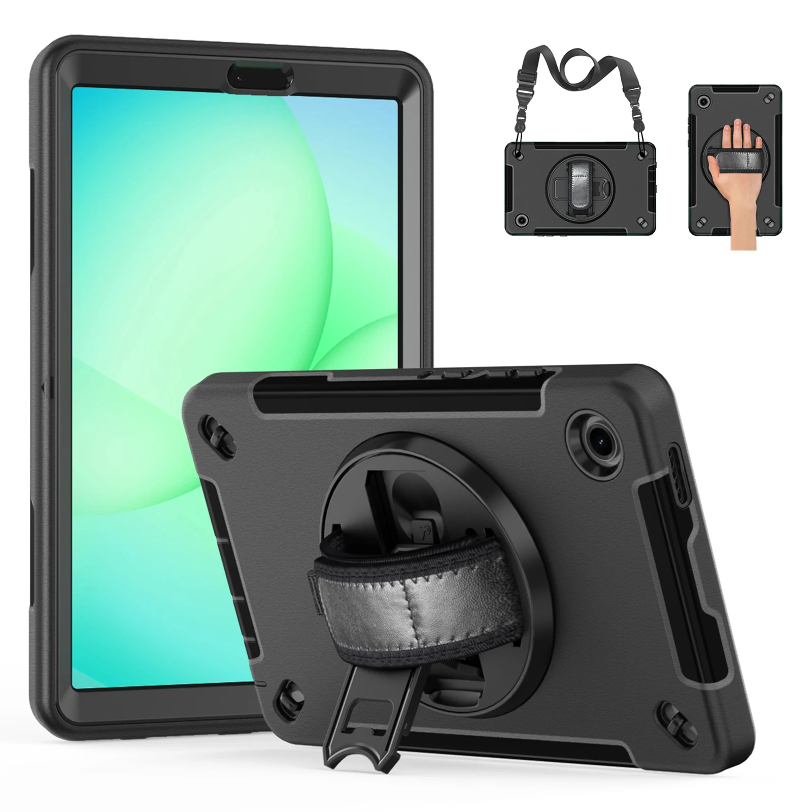 

For Samsung Galaxy Tab A11 Case Rotating Kickstand PC + TPU Tablet Cover with Shoulder Strap - Black