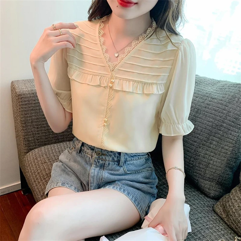 Women\'s Clothing 2024 Summer Fashion Ruffle Lace Patchwork Blouse Elegant Sweet Chic Shirt Casual Solid V Neck Short Sleeve Tops